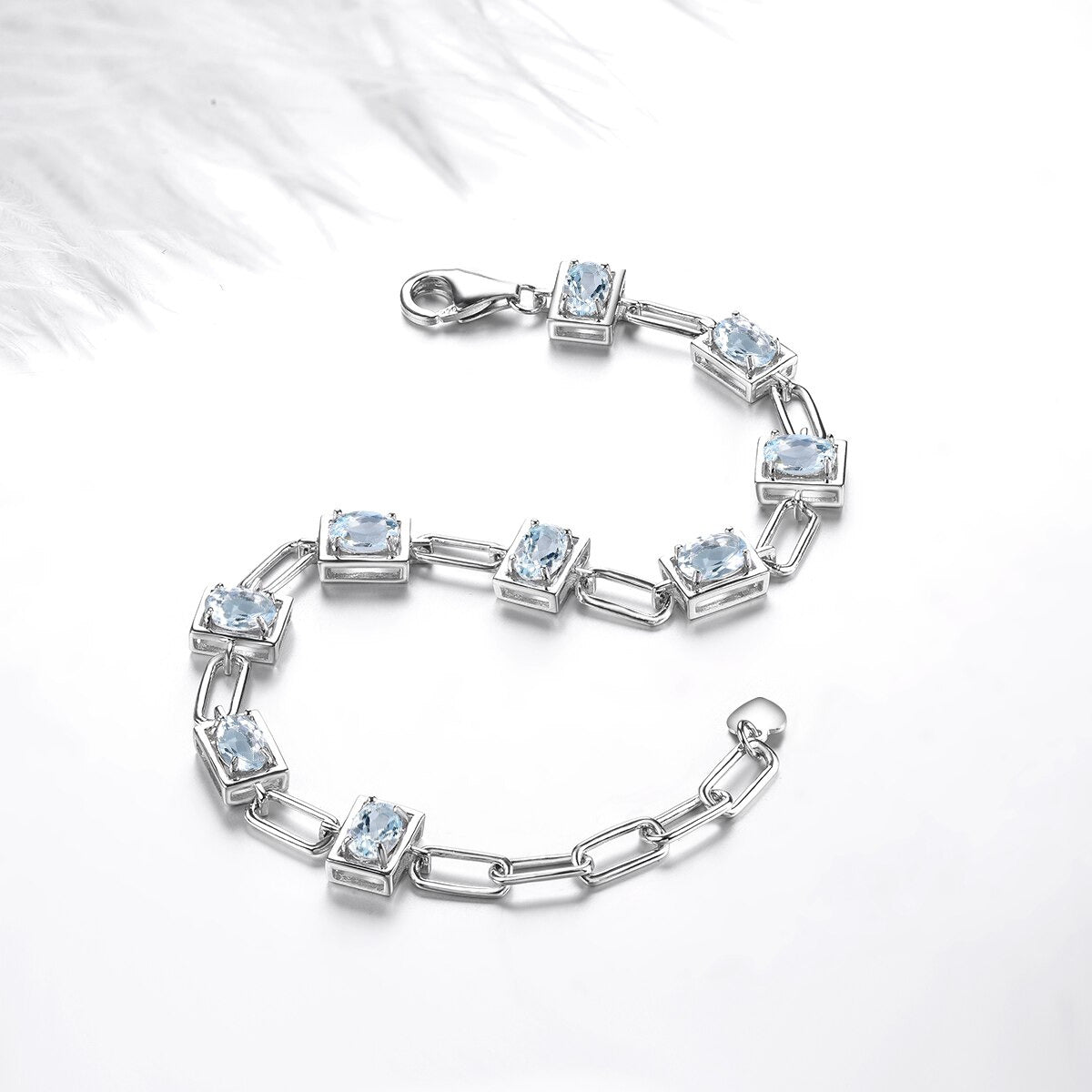Genuine Aquamarine Solid Silver Bracelet S925 Natural Light Blue Gemstone