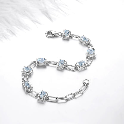 Genuine Aquamarine Solid Silver Bracelet S925 Natural Light Blue Gemstone