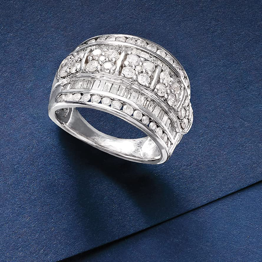 2.00 Ct. T.W. Baguette and round Diamond Multi-Row Ring in Sterling Silver