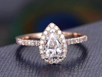 Classic Pear Cut Halo 1.50 Ct Moissanite & Diamond Engagement Ring with 18K Gold