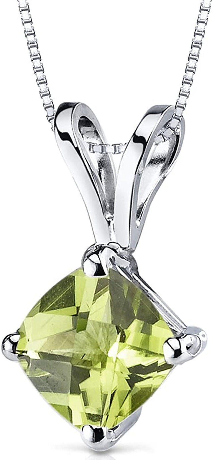 Peridot Pendant in 14 Karat White Gold, Classic Solitaire, Cushion Cut, 6Mm, 1 C