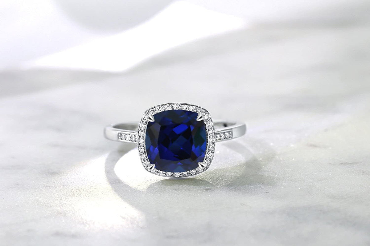 10K White Gold Blue Created Sapphire and Accent Diamond Women'S Engagement Ring