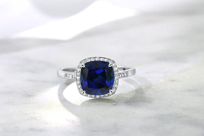 10K White Gold Blue Created Sapphire and Accent Diamond Women'S Engagement Ring