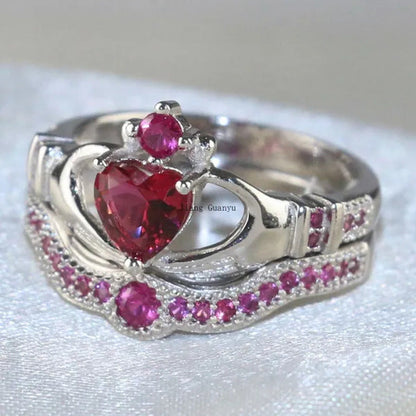 Sz6-12 (TWO RINGS) Couple Rings His Hers 1Ct Ruby S925 Silver Claddagh Ring Wome