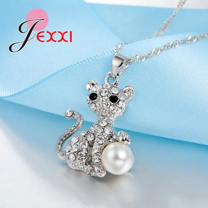 Cute Cat with Fine CZ Diamond and Pearl Ball 925 Sterling Silver Fashion Jewelry
