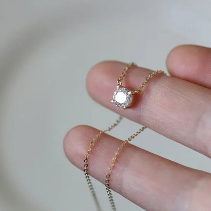925 Sterling Silver Necklace with 14K Gold Plated Four Prongs Single Diamond Sup