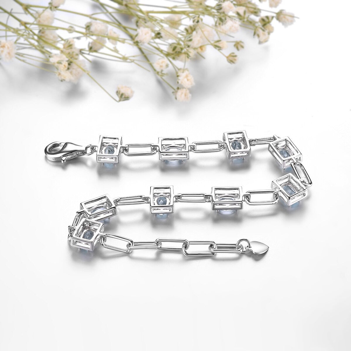 Genuine Aquamarine Solid Silver Bracelet S925 Natural Light Blue Gemstone
