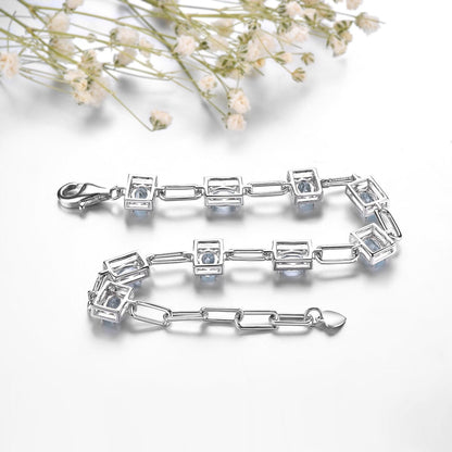Genuine Aquamarine Solid Silver Bracelet S925 Natural Light Blue Gemstone