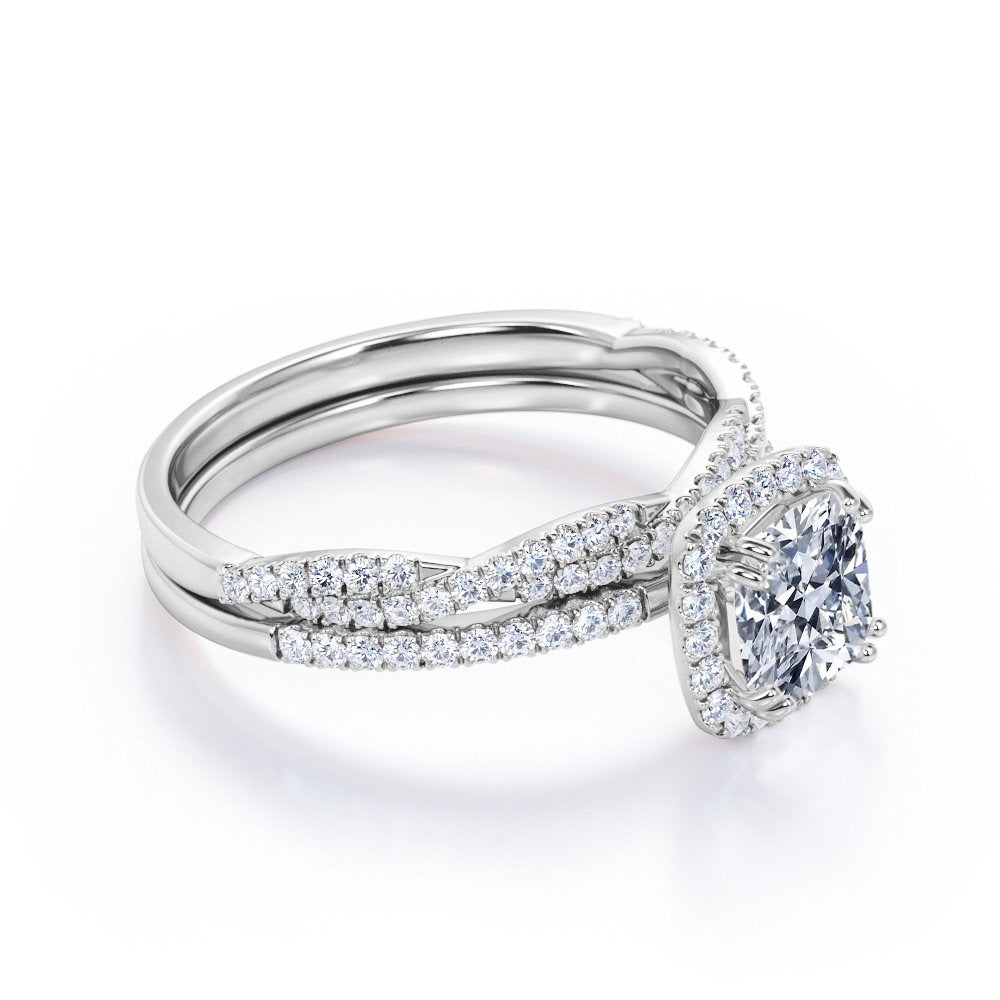 1.5 Carat Cushion Cut Moissanite and Diamond Halo Wedding Ring Set in 10K White
