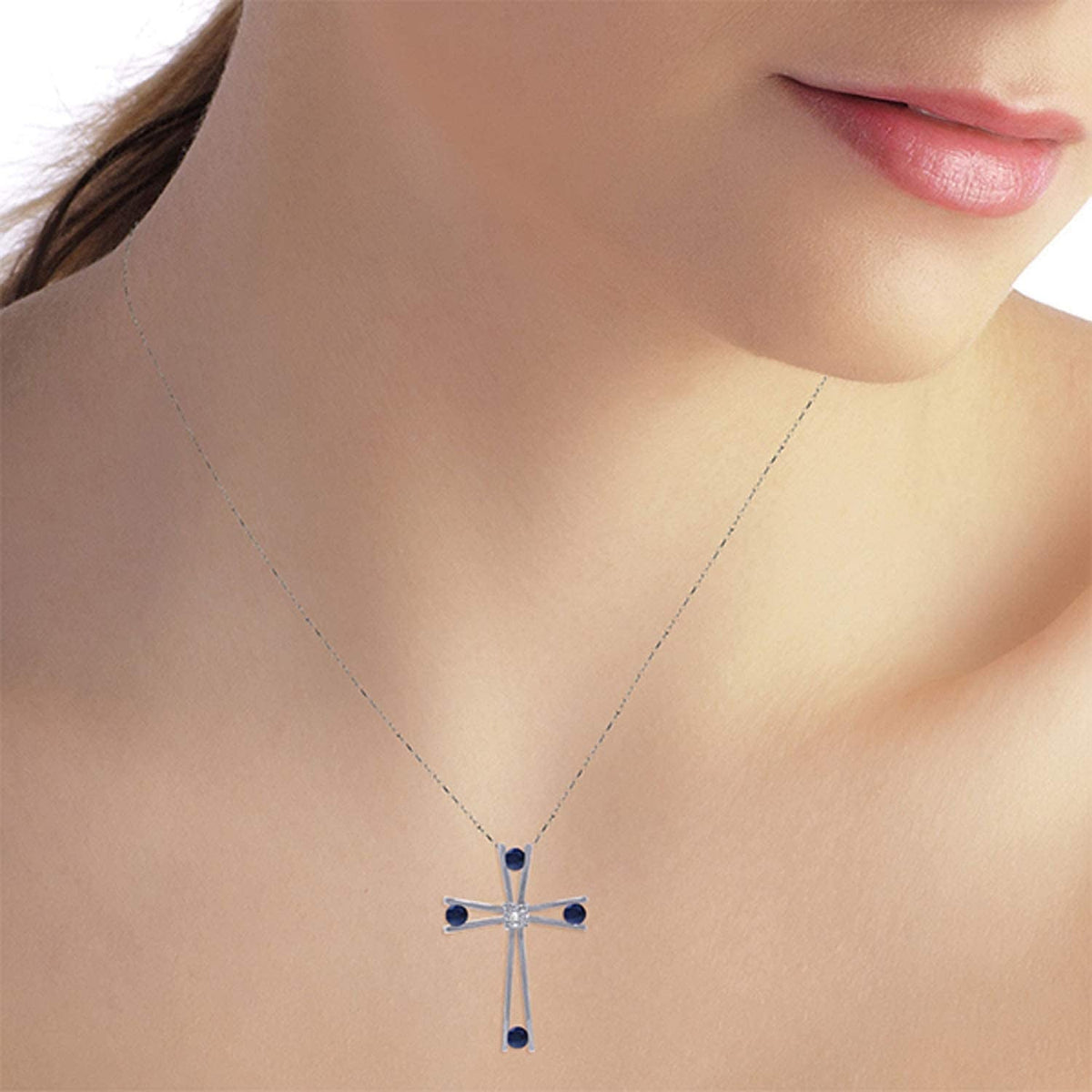 Galaxy Gold GG 14K Solid White Gold Cross with Natural Diamond and Natural Sapph