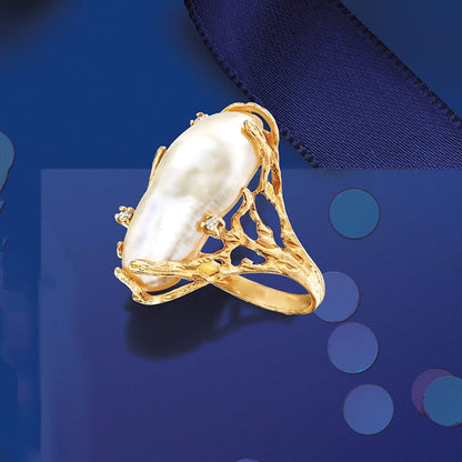 10X24Mm Cultured Baroque Pearl Ring with Diamond Accents in 14Kt Yellow Gold. Si