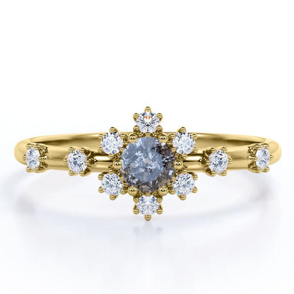 7 Stone Cluster - 0.58 Carat round Shaped Salt and Pepper Diamond with Moissanit