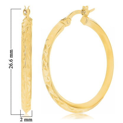 Italian 14K Yellow Gold Bright Shine Hammered Pinched Small Hollow Hoop Earrings