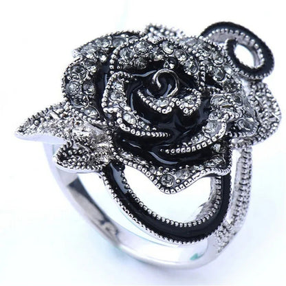 US/UK Trendy Women Retro Rose Flower Ring Black Crystal Vantige Big Flower Rings