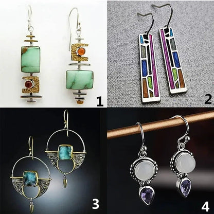 1 Pair Antique 925 Sterling Silver Pendant Earrings Natural Gemstone Inlay Dangl