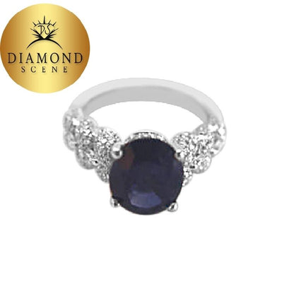SAPPHIRE OVAL 4 PRONG SET DIAMOND ROUND BRILLIANT RING