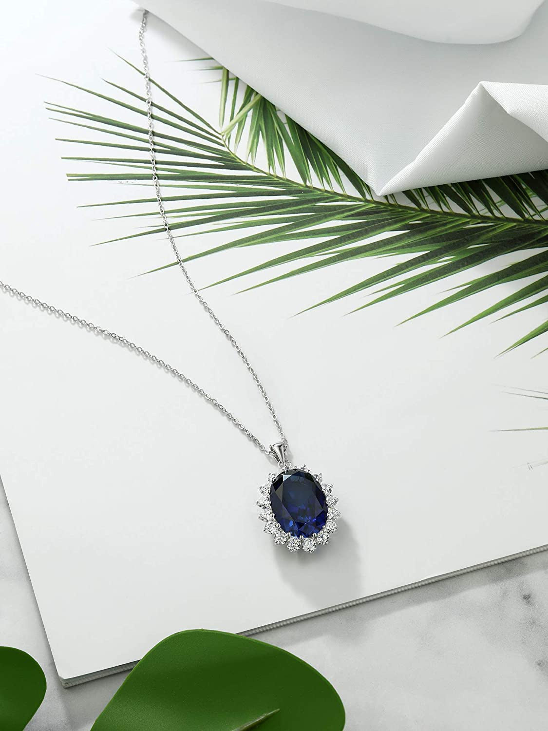 925 Sterling Silver Blue Simulated Sapphire Pendant Necklace for Women (13.00 Ct