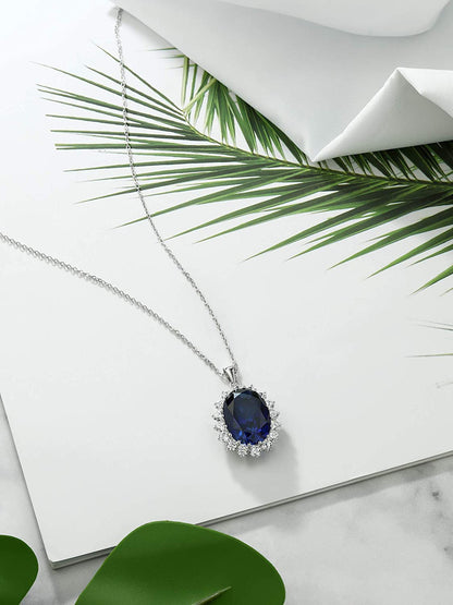 925 Sterling Silver Blue Simulated Sapphire Pendant Necklace for Women (13.00 Ct