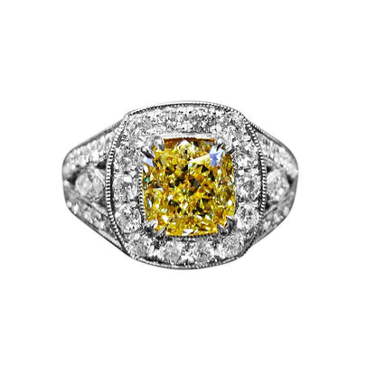 GIA CERTIFIED FANCY YELLOW DIAMOND CUSHION SHAPE DIAMOND ENGAGEMENT RING