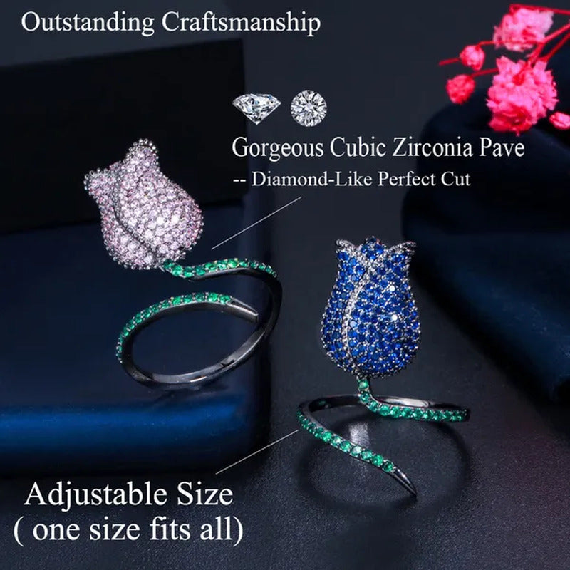 CANDICE Unique Finger Jewelry Micro Pave Pink Green Cubic Zirconia Black Gold Pl