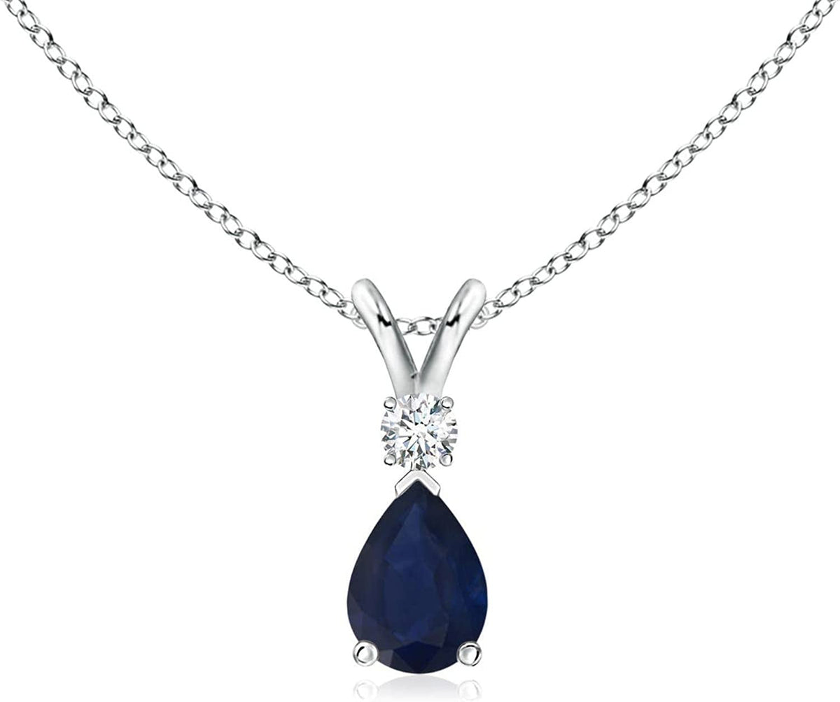 Blue Sapphire Teardrop Pendant with Diamond in Silver (6X4Mm Blue Sapphire)