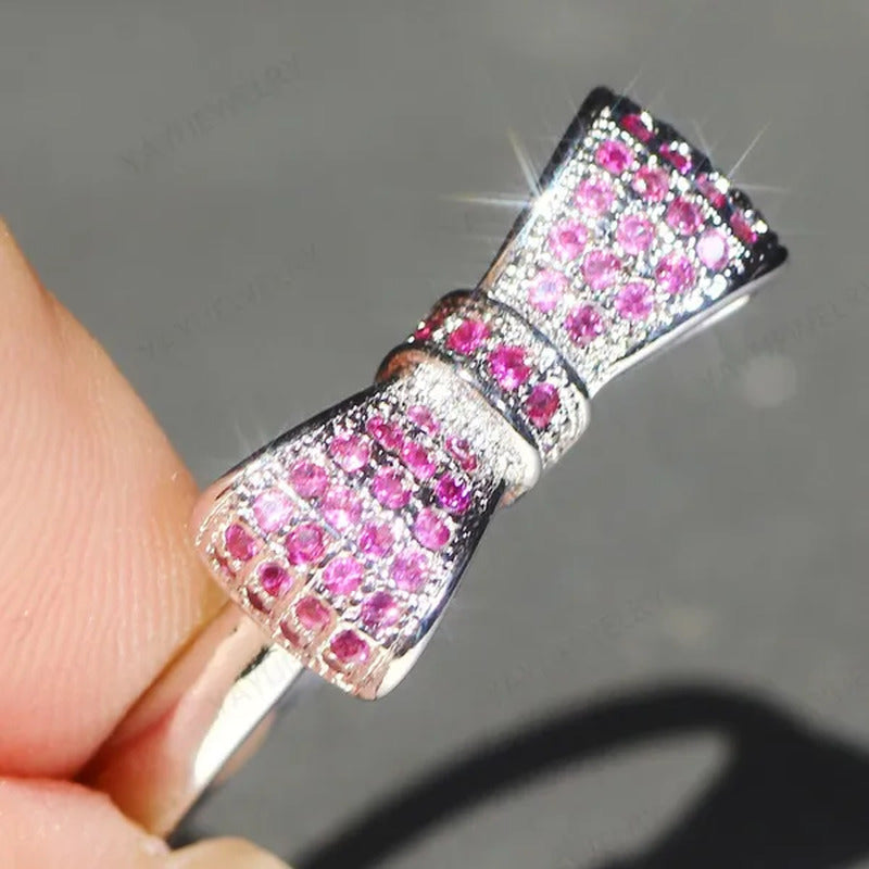 925 Silver Statement Natural Gemstones Ruby Bowknot Ring Wedding Bride Engagemen