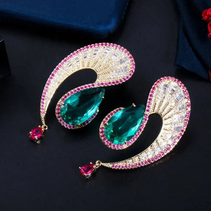 CANDICE Noble Micro Pave Tiny CZ Diamond Unique Leaf Shape Earrings with Emerald