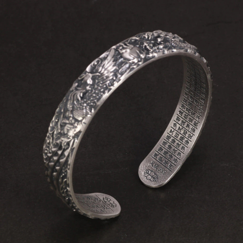 Real 999 Pure Silver Dragon and Phoenix Bangles for Men Heart Sutra Engraved