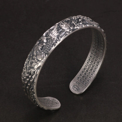 Real 999 Pure Silver Dragon and Phoenix Bangles for Men Heart Sutra Engraved