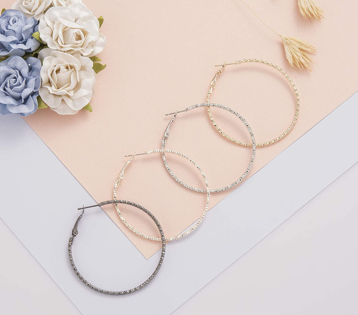 Silver Gold Gunmetal Grey Rhodium Plate Hoop Earrings Set for Women Teen Jewelry