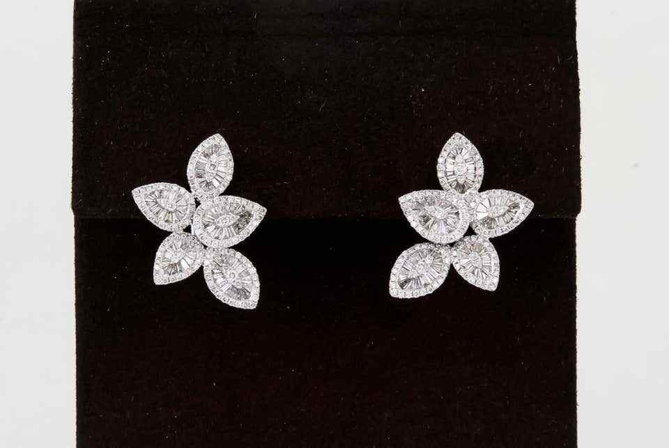 Stunning Baguette and Round Diamond Gold Cluster Earrings