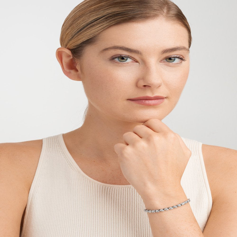 Rhodium Plated Diamond Accent Open Heart Charm Tennis Bracelet, 7.25"