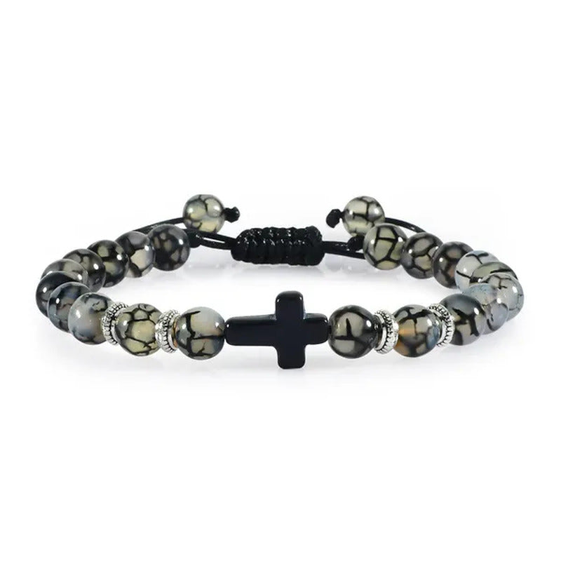Handmade Natural Stone Wooden Beaded Bracelet Christian Jesus Cross Braided Brac