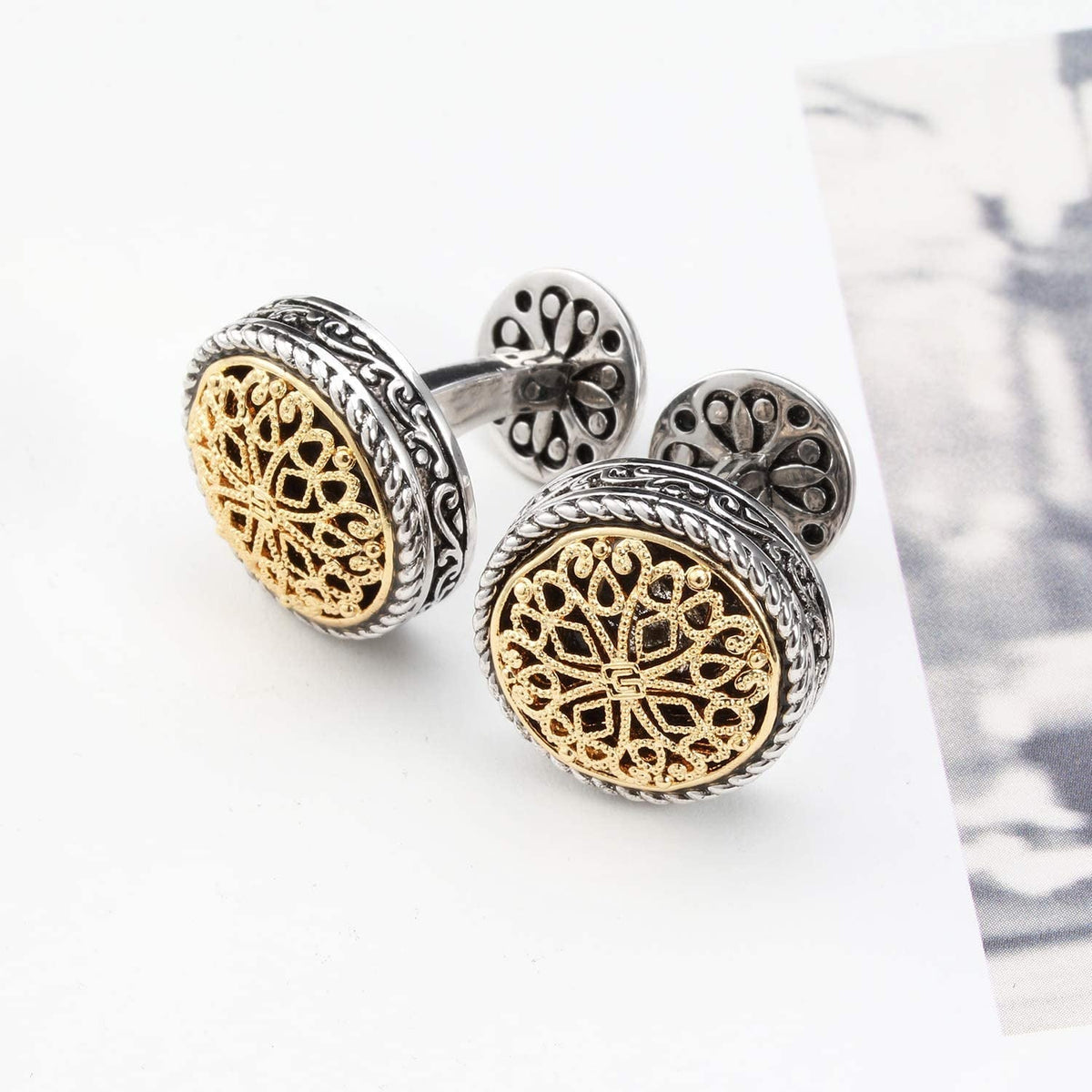 Men'S Silver & 18K Gold Plated round Whale Back Closure Cufflinks for Men, for W