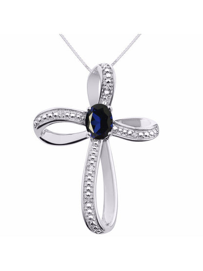 Diamond & Sapphire Cross Pendant Necklace Set in Set in 14K White Gold with 18"