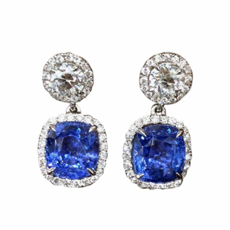 GIA Sapphire cushion drop shape 7.62 ct diamond round brilliant shape 1.68 ct