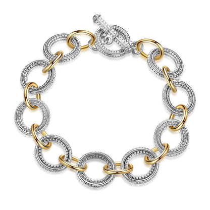 Link Bracelet Two Tone Circles Chain Silver and Gold Wire Cable Bangle Designer
