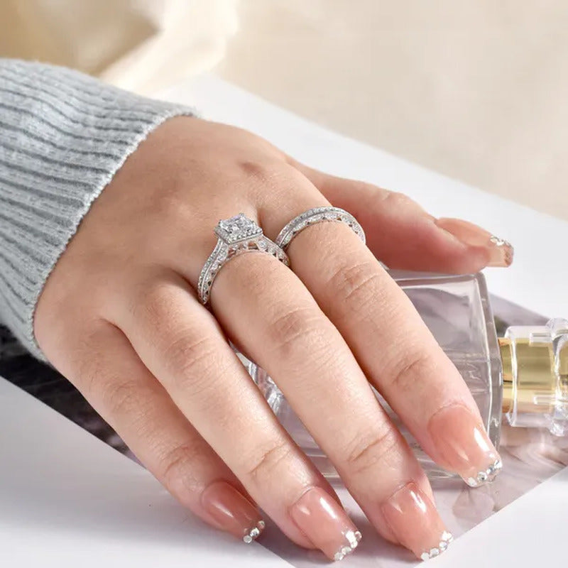 Newshe 2 Pcs Wedding Ring Set Vintage Engagement Rings for Women Princess Cut AA