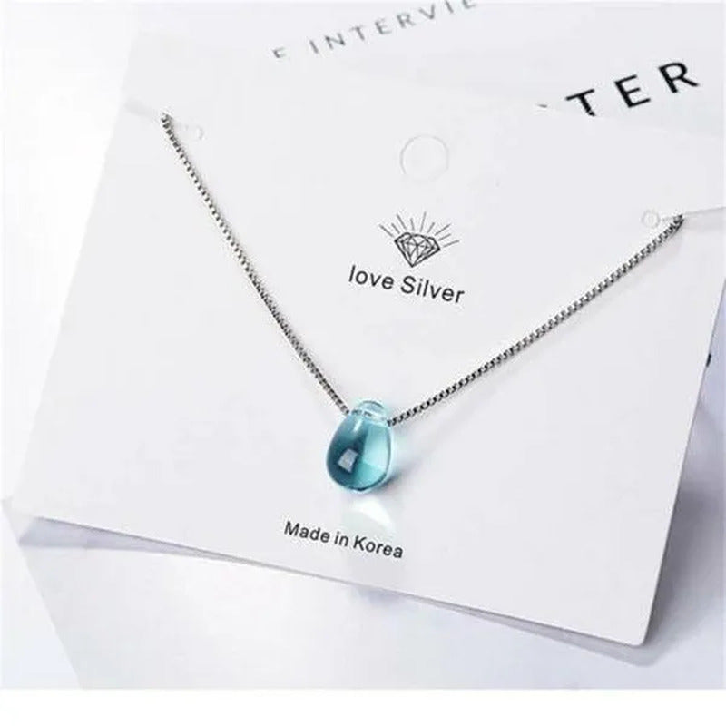 Simple Blue Crystal Teadrop Pendant Clavicle Chain Necklace Womens Jewellery