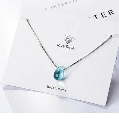 Simple Blue Crystal Teadrop Pendant Clavicle Chain Necklace Womens Jewellery