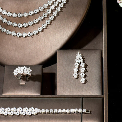 Three Layers 4Pcs Necklace and Earring Set Leaf Design Fashion Women Bridal Wedd