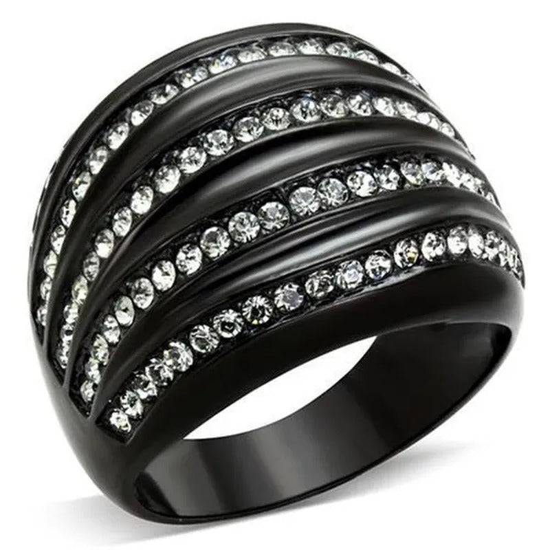 Women IP Black Stainless Steel Ring with Top Grade Crystal in Black Diamond - Si