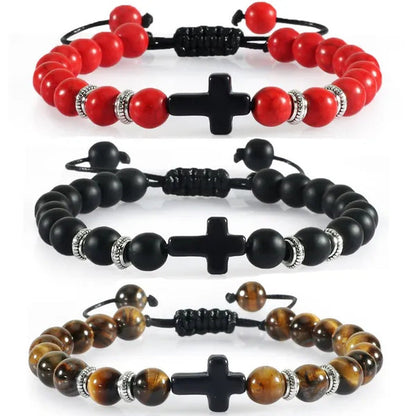 Handmade Natural Stone Wooden Beaded Bracelet Christian Jesus Cross Braided Brac