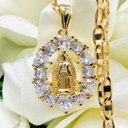 14K Gold Plated Virgin Guadalupe Pendant Necklace 24" Diamond Cut Chain Cubic Zi