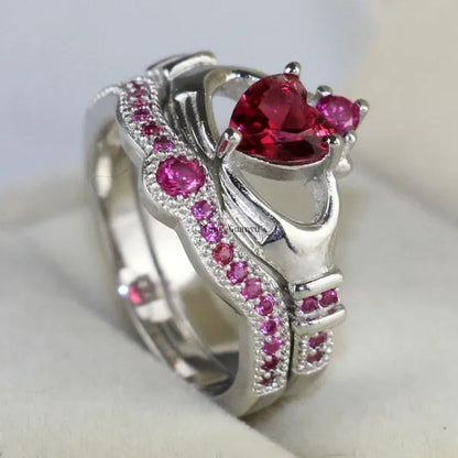 Sz6-12 (TWO RINGS) Couple Rings His Hers 1Ct Ruby S925 Silver Claddagh Ring Wome