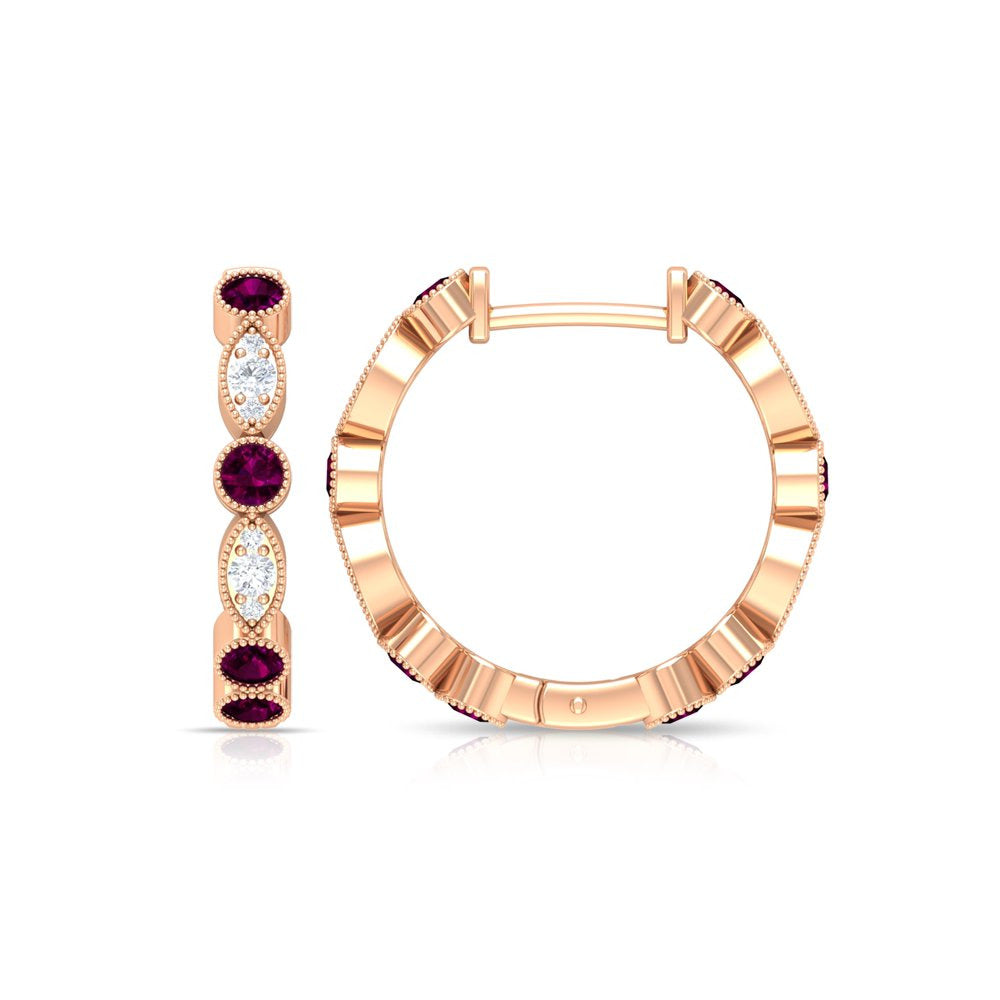 0.75 CT Rhodolite and Diamond Hoop Earrings, Rhodolite Vintage Earrings, Hoop Ea