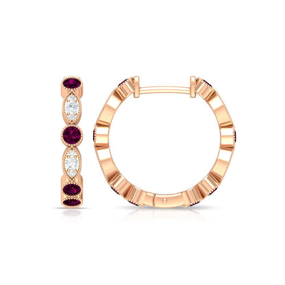 0.75 CT Rhodolite and Diamond Hoop Earrings, Rhodolite Vintage Earrings, Hoop Ea