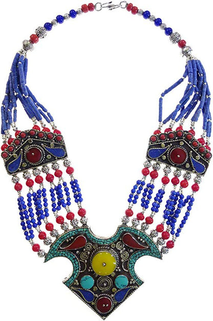 Tibetan Multi Strand Lapis Lazuli Amber Coral Beads Handmade Ethnic Tribal Gypsy