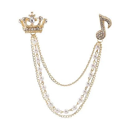 High-End Diamond-Encrusted Crown Note Pearl Tassel Brooch British Suit Pin Colla