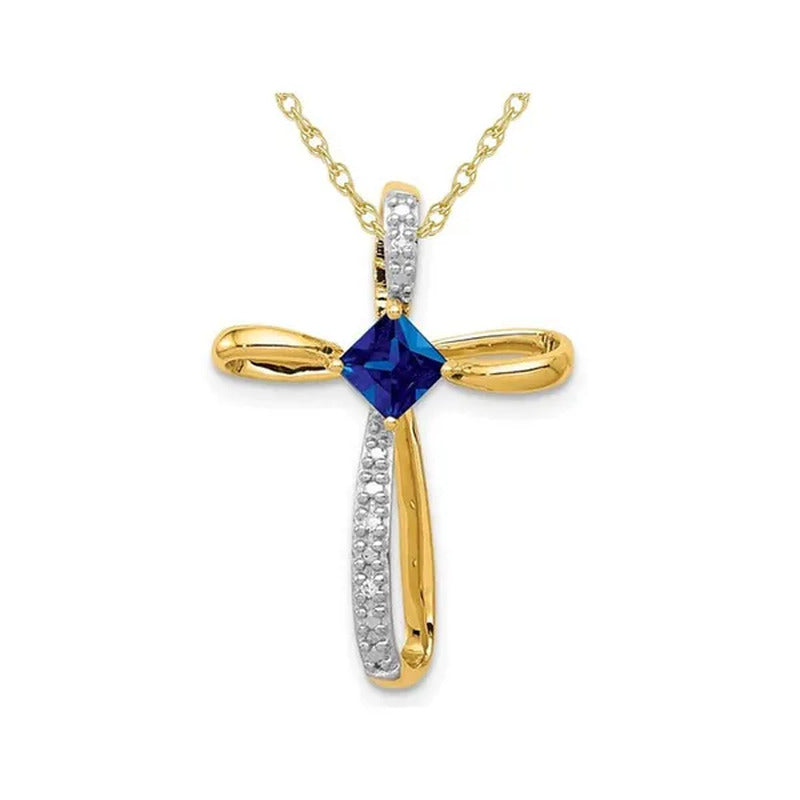 2/5 Carat (Ctw) Lab Created Blue Sapphire Cross Pendant Necklace in 14K Yellow G